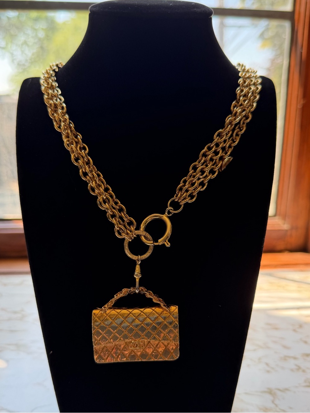 Rare Vintage CHANEL Triple Strand Classic Flap Bag Pendant Necklace